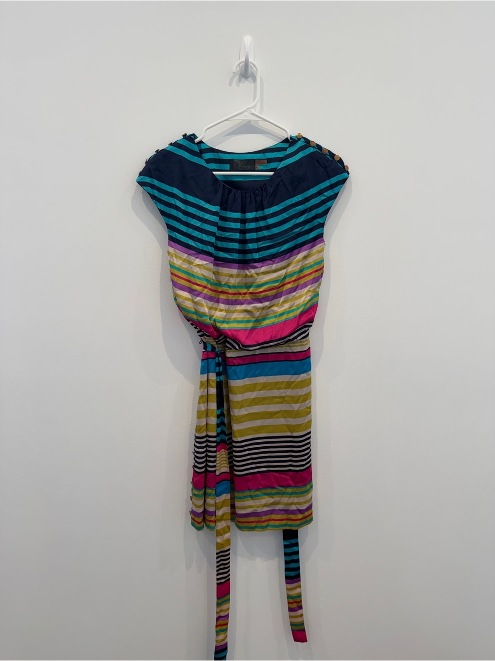 Guess Striped Multi-Color Belted Dress - Navy, Teal, Pink, Yellow